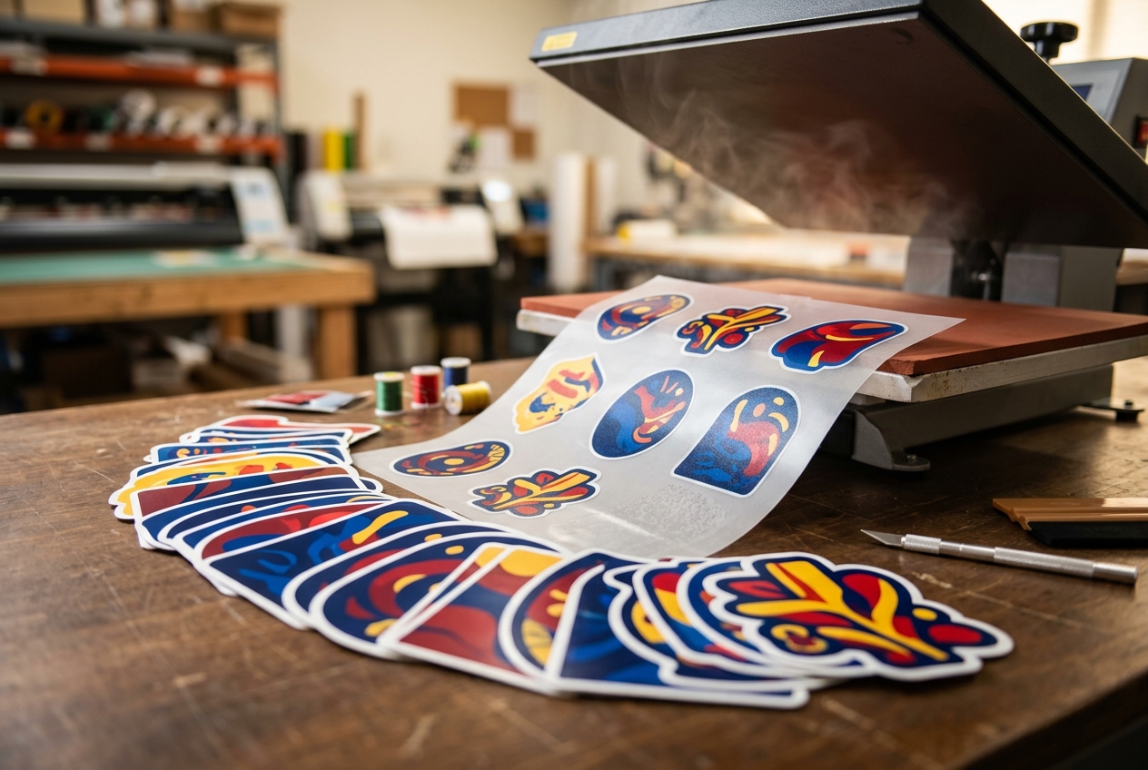 Die-cut vinyl stickers and DTF transfer sheets beside a heat press
