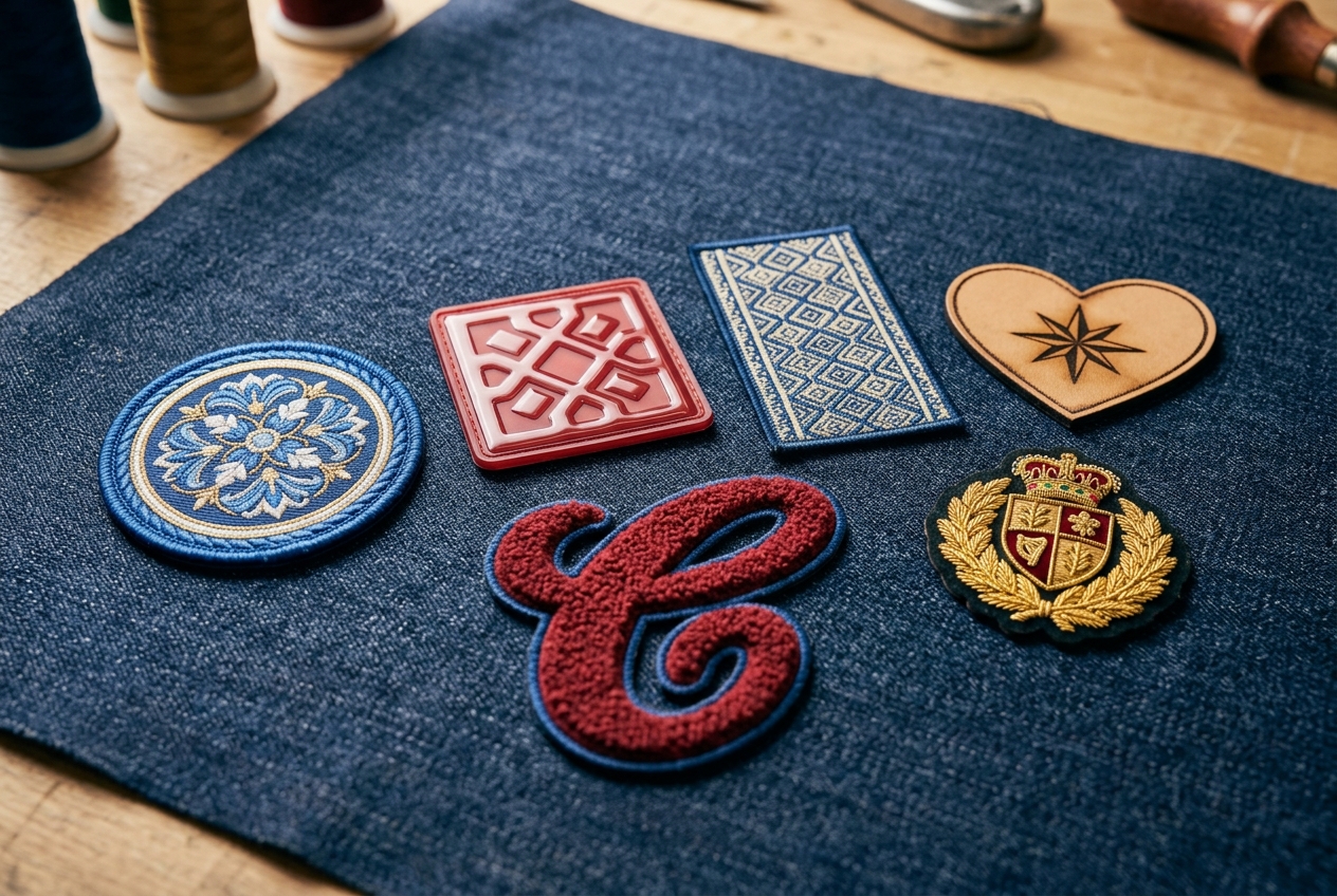 Assorted embroidered, PVC, chenille and leather patches on a denim jacket